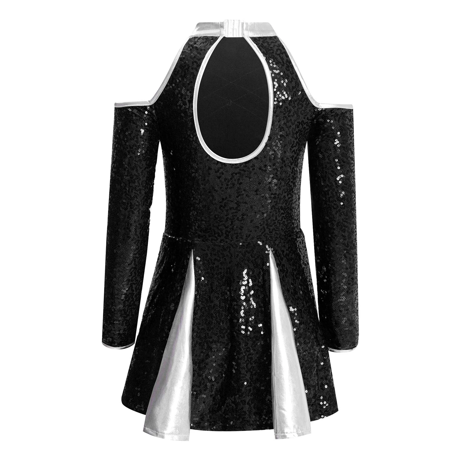 Competition Cheer Outfit for Girls Sparkling Sequin Keyhole Back And Cold Shoulder Sleeves Dress for Lyrical Dance Performance