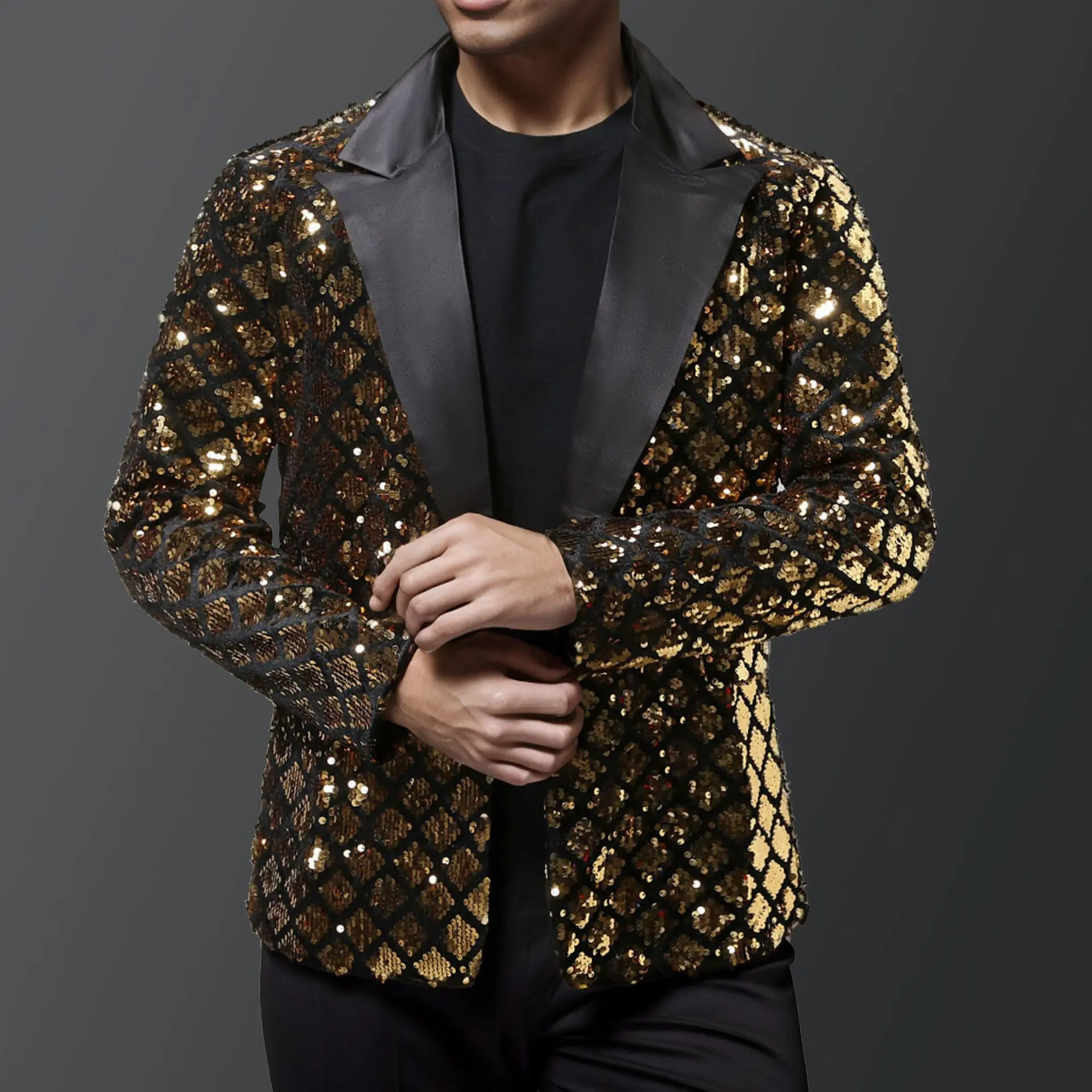 Chaqueta de traje de lentejuelas brillantes doradas para hombre, chaquetas de rendimiento de boda, abrigo de vestido de fiesta, Blazers negros