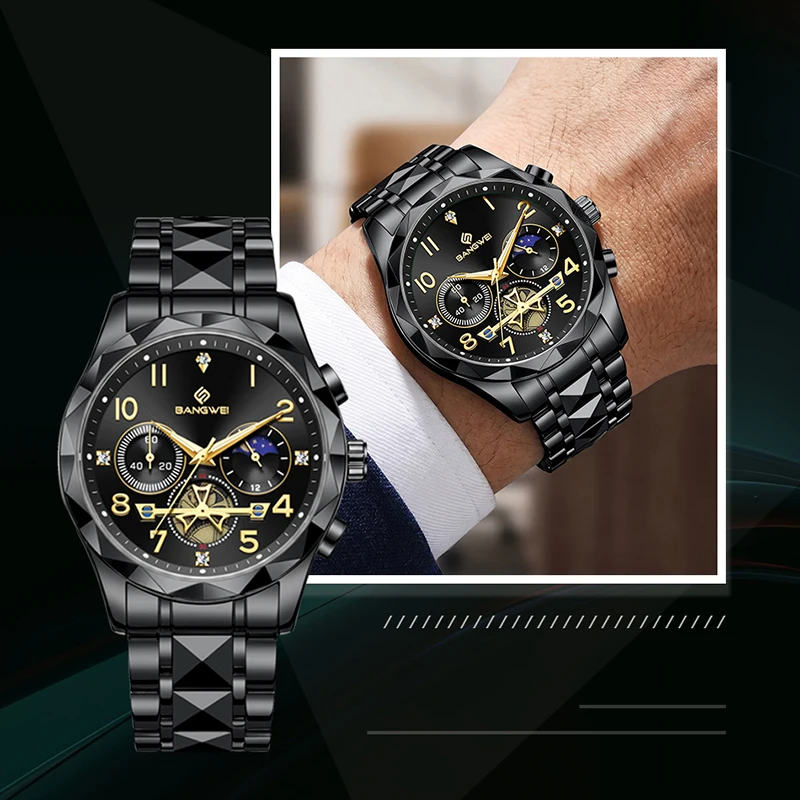 

BANGWEI watches for men business fashion luminous moon phase chronograph quartz wristwatch casual luxury sports Man watch reloj