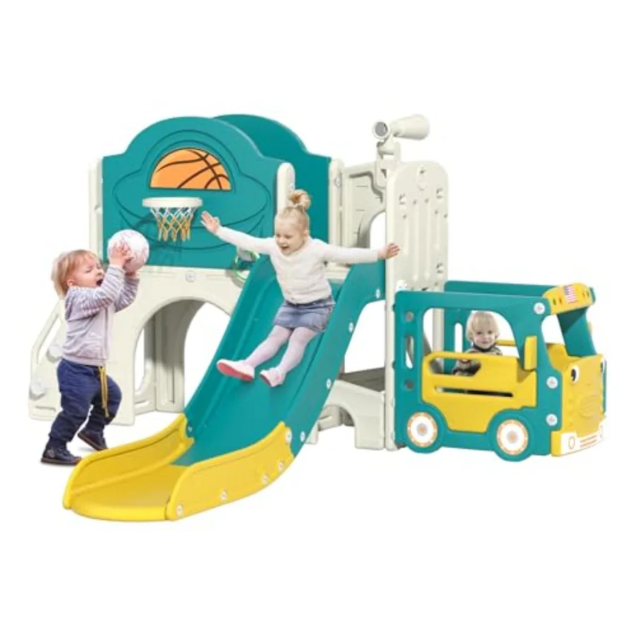 

9-in-1 Toddler Slide Bus-Themed Baby Slide and Climber Playset with Basketball Hoop Ring-Toss Car Playhouse Indoor Outdoor Play