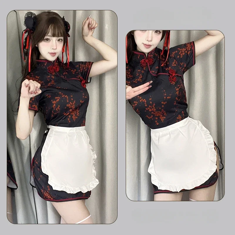 Sexy Mini Cheongsam Donna Bottone vintage Manica corta Qipao Tradizionale cinese Abiti slim Cameriera Grembiule Vestito Costume Cosplay