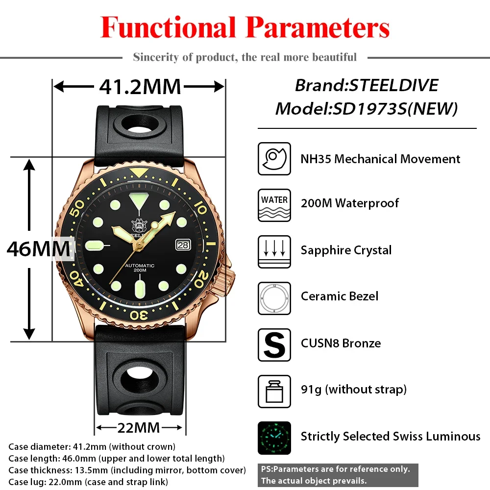 STEELDIVE SD1973S(NEW) Bronze Abalone Men's  Watch 200M Waterproof  Luminous NH35 Mechanical Movement Dive Wristwatch