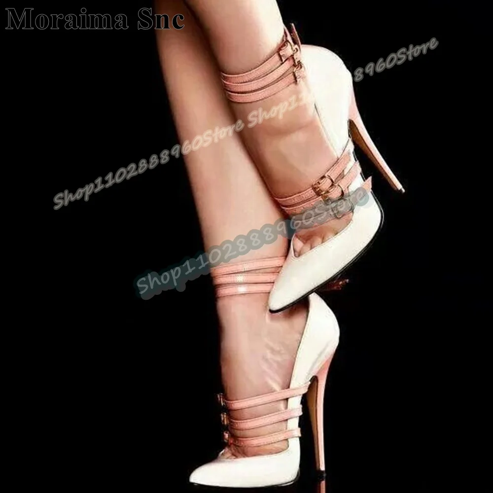 الضحلة الأبيض الجلود مشبك Strappy مدبب مضخات الخناجر عالية الكعب النساء أحذية مشبك حزام أشار تو مضخات الحفلات رائع #1