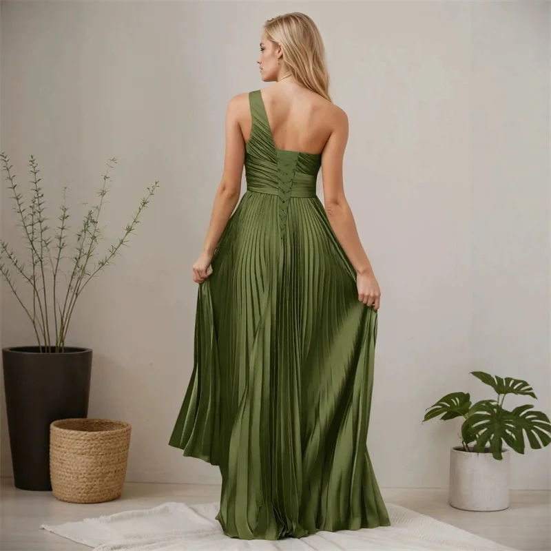 High Low Chiffon Pleat One Shoulder Evening Bridesmaid Dresses Wedding Party Formal Prom Birthday Cocktail Floor Length Lace Up