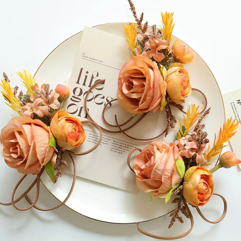 

25069 Boutonniere for Men, Wrist Corsage Artificial Flowers for Wedding Decor/Prom/Homecoming, etc.Terracotta Orange