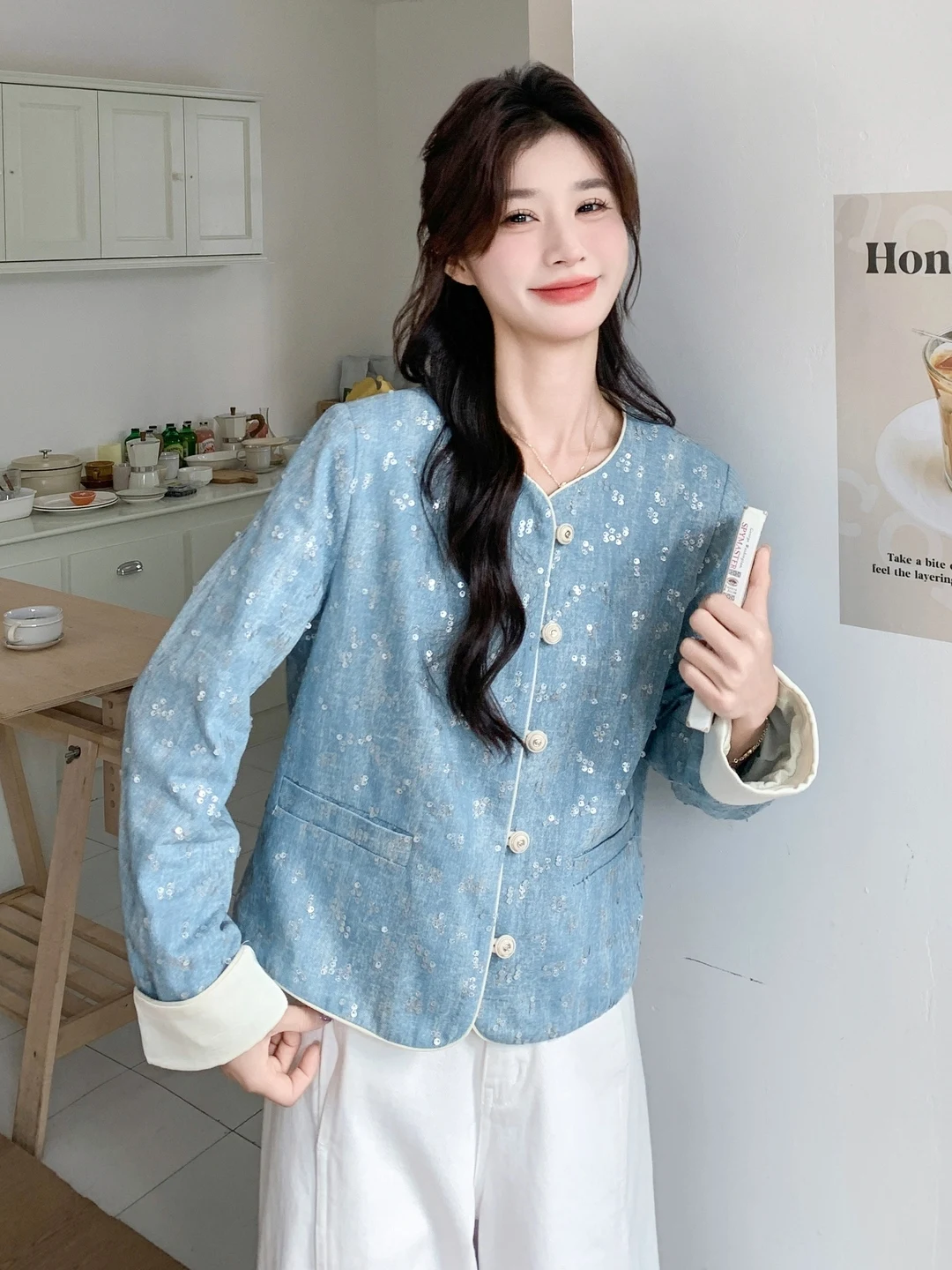 

Ele ort round Ne Sequin Jaet Women's Sli Gentle Spring Autumn New Sle Chinese National Sle Loose Fit Coat