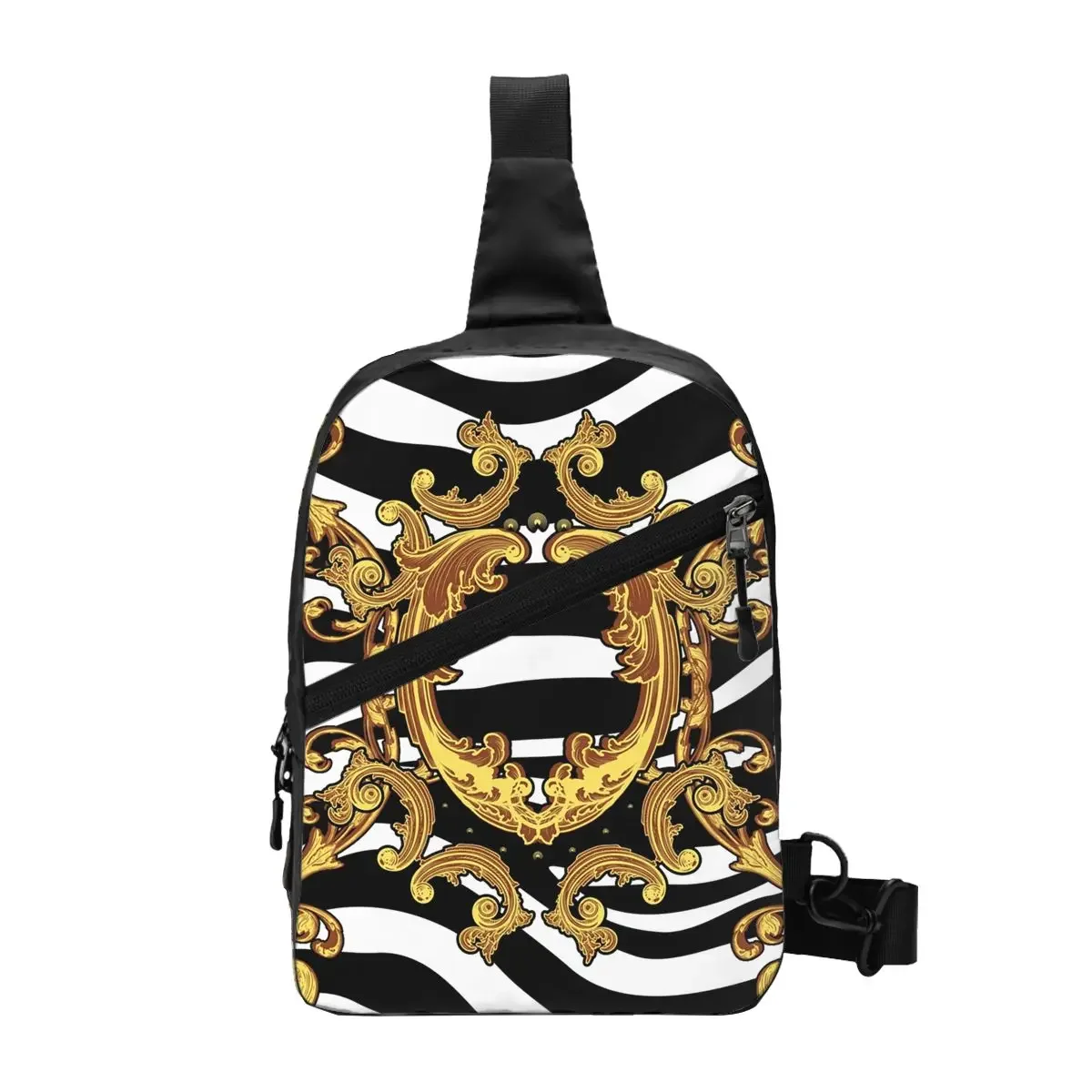 Fashion Baroque Black Crossbody Sling Backpack Men Geometric Patterns Shoulder Chest Bags for Hiking