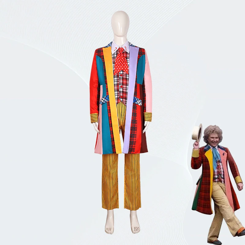 Doctor Colin Baker Cosplay Who Doctor Long Coat Plaid Vest Pant Suit Costume Fancy Halloween Uniform Outfits ﻿