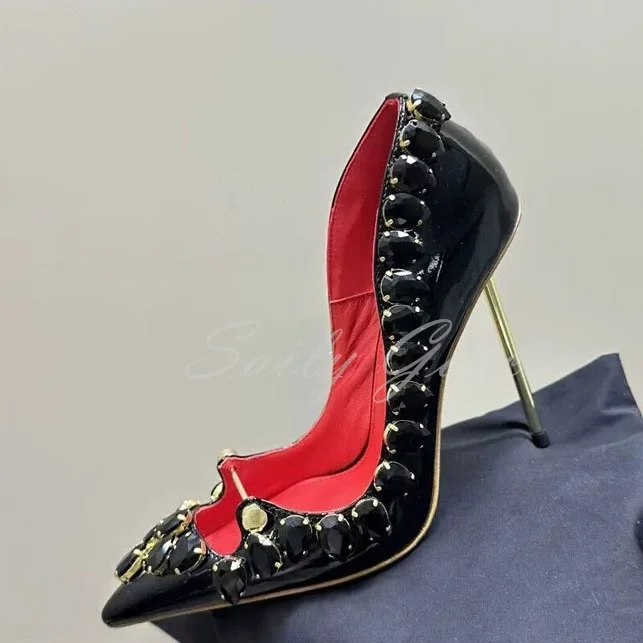 

Lacquer Leather Luxury Rhinestone High Heels Women Sexy Metal Nail Pointy Toe Stiletto Heel Elegant Party Dress Banquet Pumps