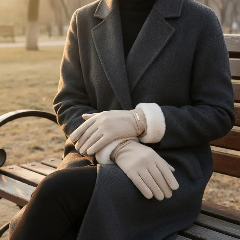 Die warmen Winterhandschuhe für Damen sind winddicht und kältebeständig, haben ein dickes Futter aus Kunstfell und sind als Touchscreen-Handschuhe geeignet. – Detail 2