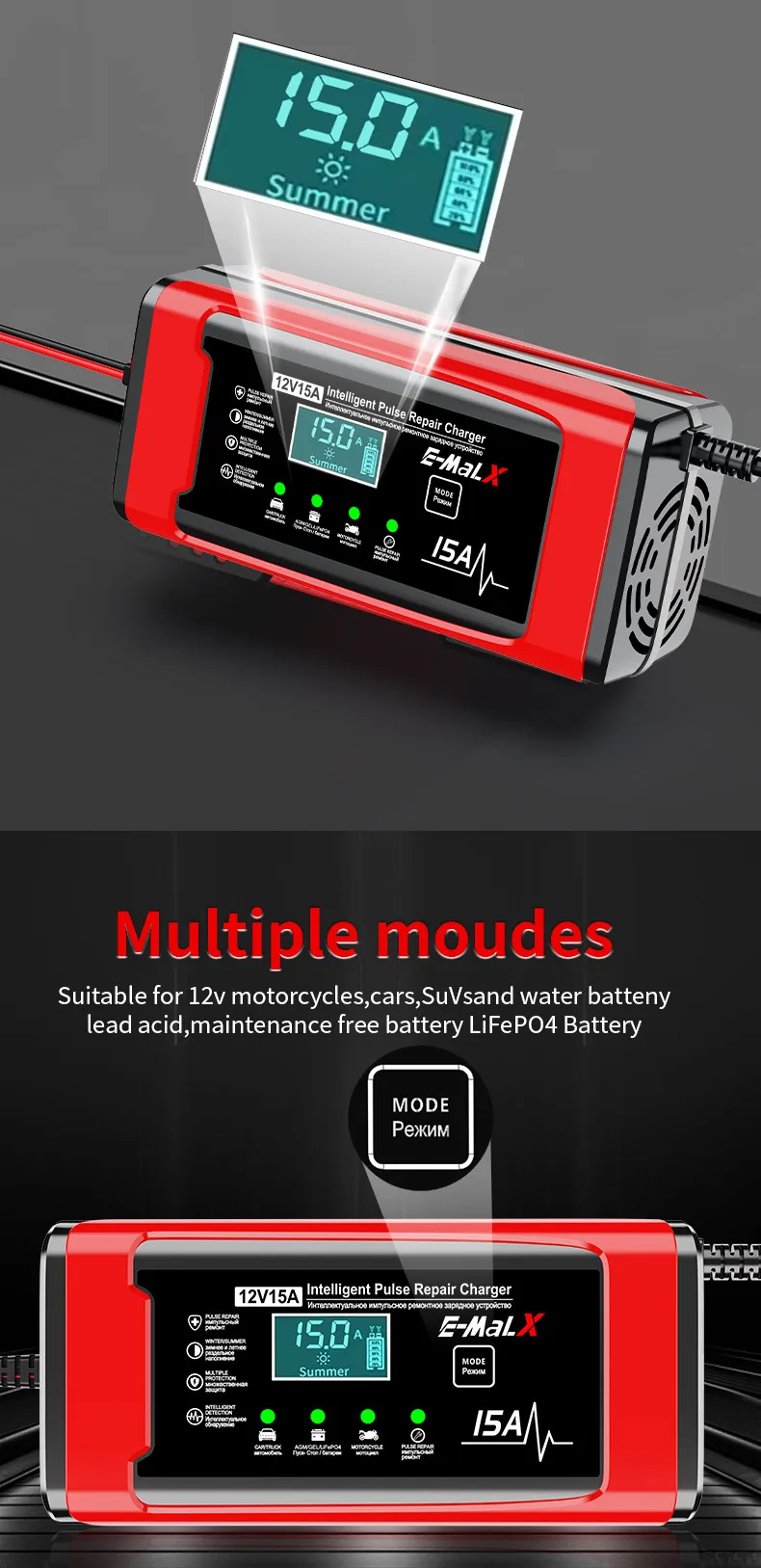 12V 15A Smart Auto Batterie Ladegerät 14,6V 15A Elektrische Motorräder Ladegerät Für Lifepo4 Blei Säure AGM GEL PB Lithium-Batterie Reparatur – Detail 14