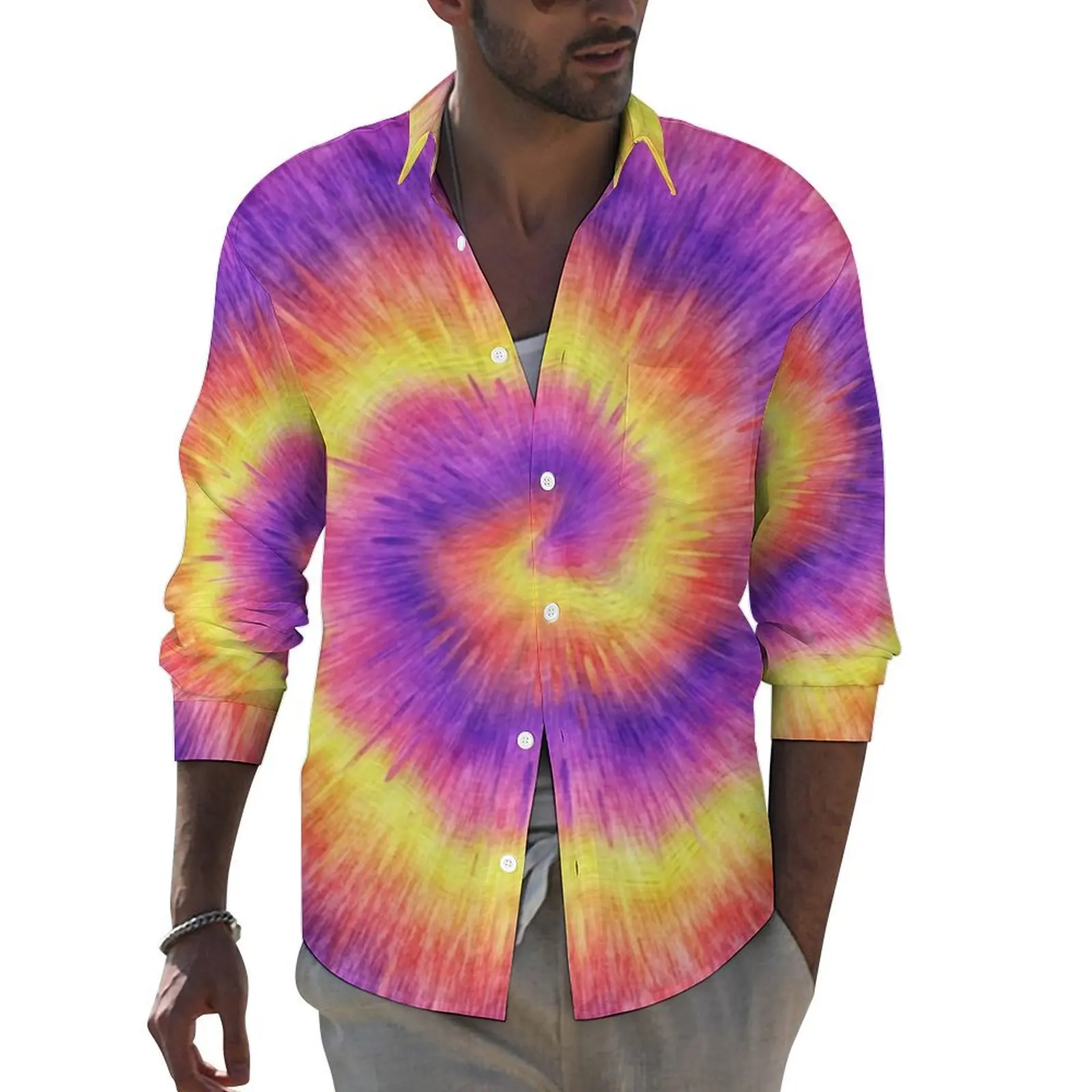 Tie Dye Swirl Casual Shirts Men Retro Pink Lilac Yellow Shirt Long Sleeve Novelty Y2K Blouses Autumn Graphic Clothing 3XL 4XL