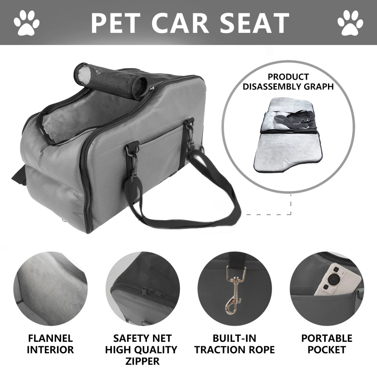 Removable and Washable Car Comfortable Pet Seat for Small Dogs and Cats - Portable Center Console Safe Travel Bed