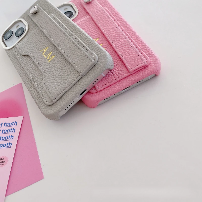 아이폰 15 14 13 12 11 Pro Max 보호 커버용 가죽 폰 케이스, 손목 밴드 카드 홀더 커버, 맞춤 각인 이름/문자