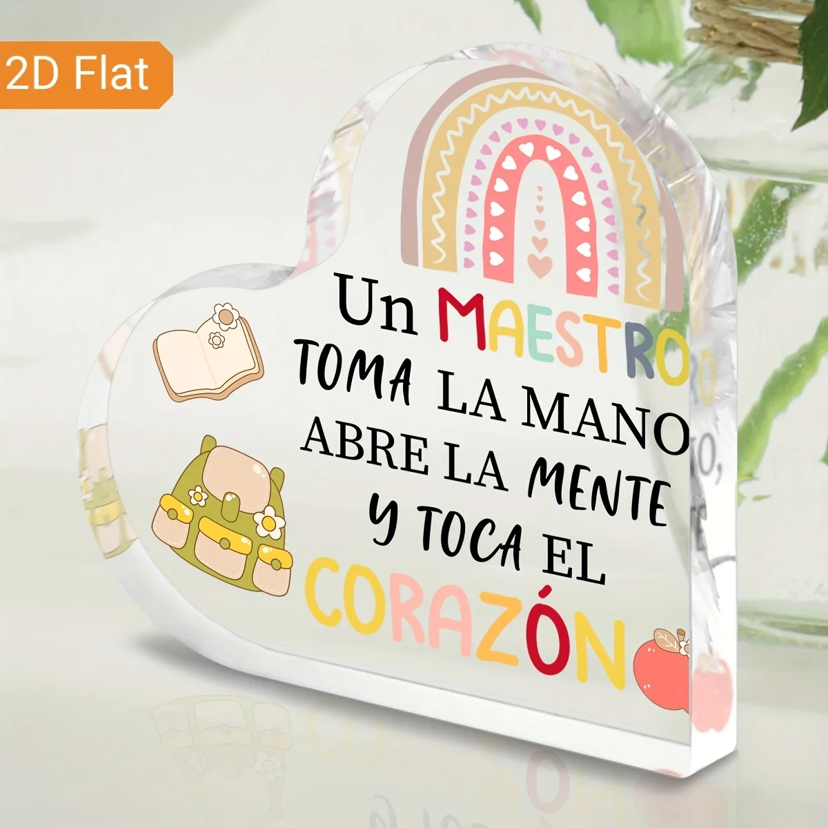 Spanish Teacher Appreciation Heart‑Shaped Acrylic Tabletop Plaque, Rainbow Book Backpack Apple Thank‑You Desk Keepsake Gift
