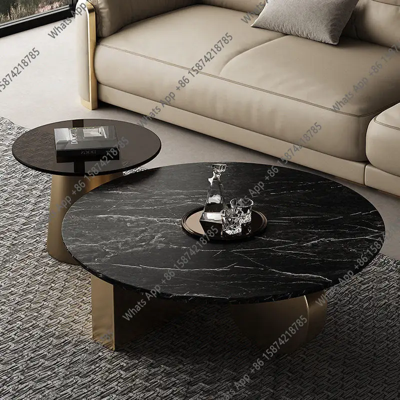 Italian light luxury coffee table modern simple living room small marble glass round coffee table combination stainless steel