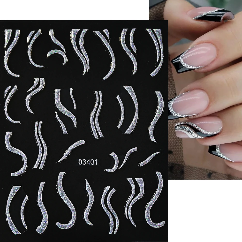 3D Shiny Glitter Nail Stickers Reflective Sparkly Wave Lines French Nails Sticker Gold Silver Red Winter Manicure Sliders Decals