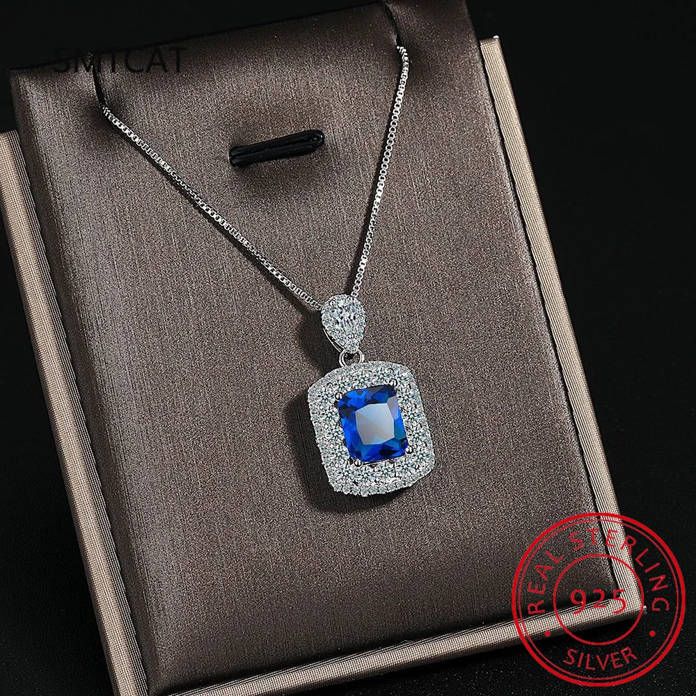 Emerald Cut Created Blue Sapphire 925 Sterling Silver Rectangle Pendant Necklace for Women Gemstone Fine Jewelry Colar de Prata