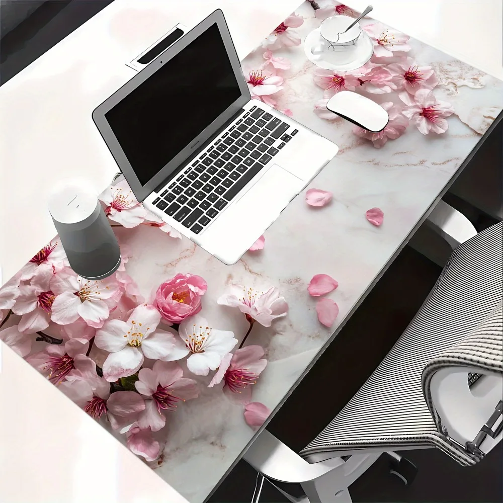 Cherry blossom blooming tablecloth, non-slip rubber-bottom mouse pad, with marble design and pink floral pattern