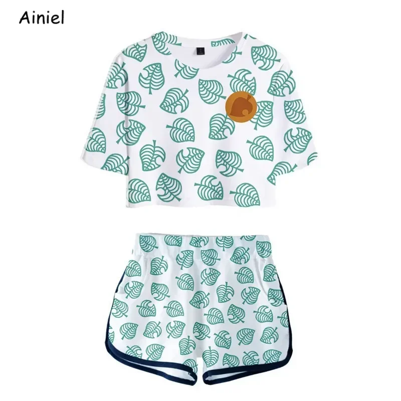 Hot Game Animal Crossing shirt T-Shorts Sport Pak Tom Nook 3D Blad Gedrukt Korte Mouw Tees Meisjes Disfraz Vrouwen Gym set MN11