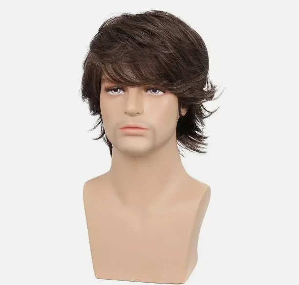 

New Men Short Dark Brown Wavy Synthetic Hair Wigs