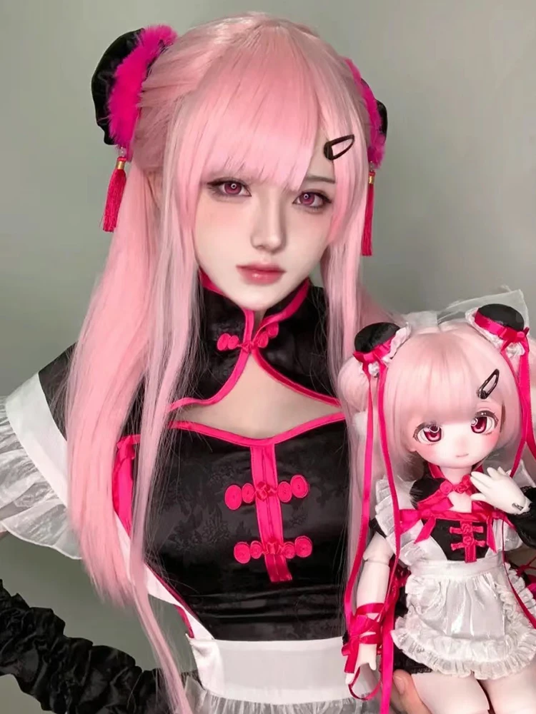 Rosa Perücke Frauen langes Haar Luft Pony langes glattes Haar Lolita natürliches rundes Gesicht Halloween cos Vollkopf Perücke Stil