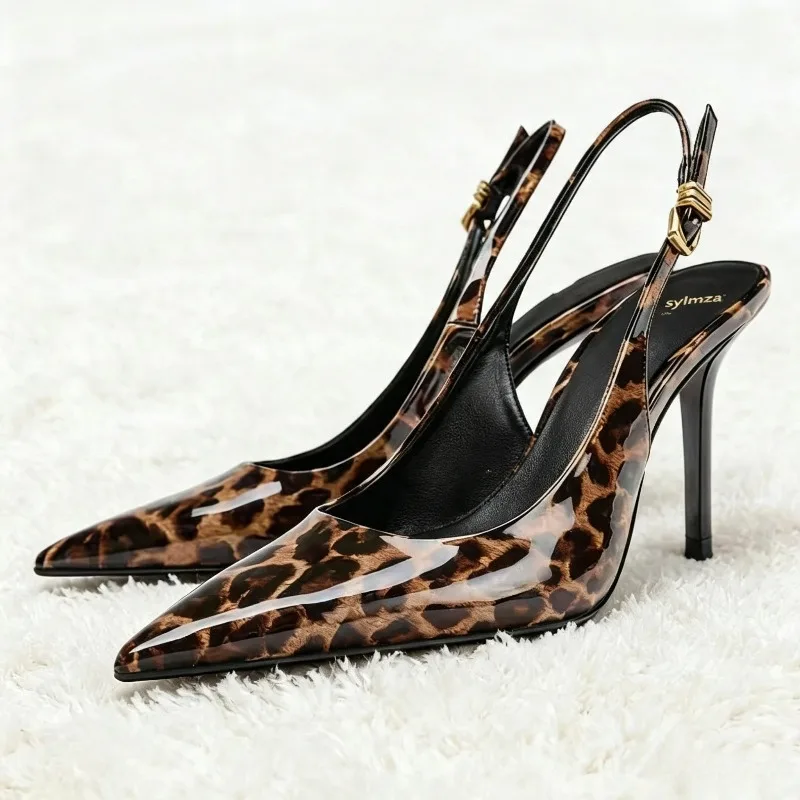 Sexy Leopard-print Patent Leather Slingback Pumps Women Fashion Pointed-toe Metal Buckle Designer Shoes Unique Party Dress Shoes
