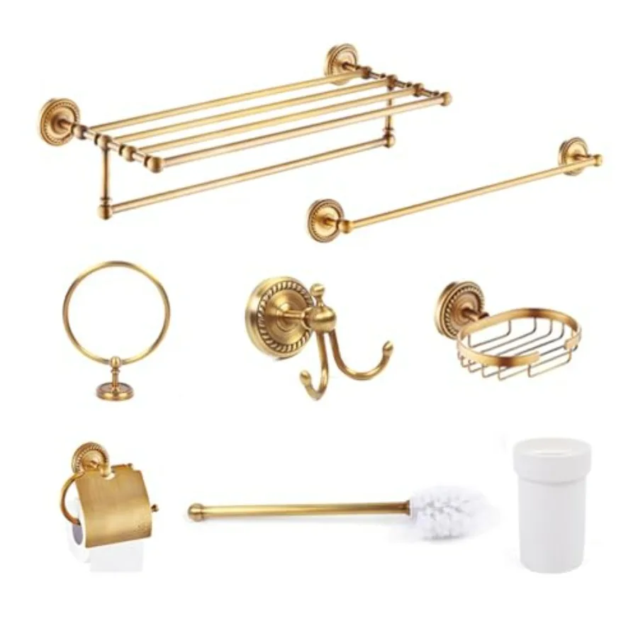 

Набор из 8 предметов для ванной комнаты: винтажный золотой настенный медный держатель для полотенец, одинарное кольцо для полотенец, держатель для туалетной бумаги, ершик для унитаза