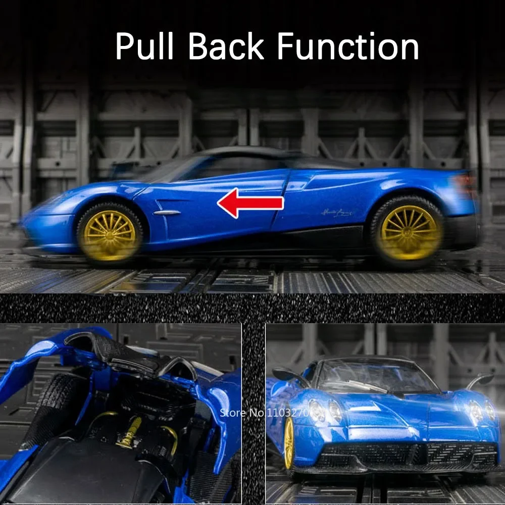 1:32 PAGANI Huayra Car Alloy Toys Diecast Model Supercar Doors Opened Sound Light Pull Back Pojazdy Zabawki dla dzieci Kolekcje