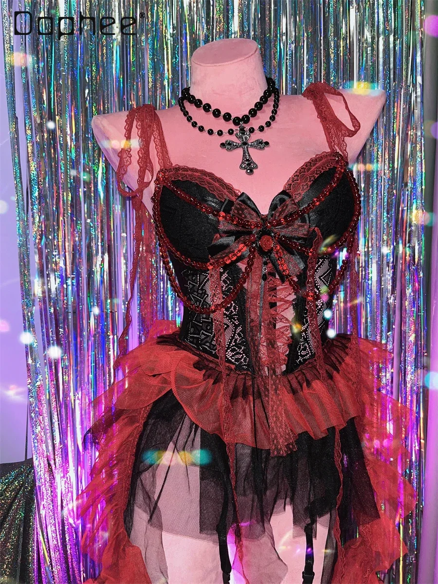 

Gothic Mini Dress Beading Irregular Suspender Bandage Lace See Through Sleeveless Mesh Dress Black and Red Sexy Punk Club