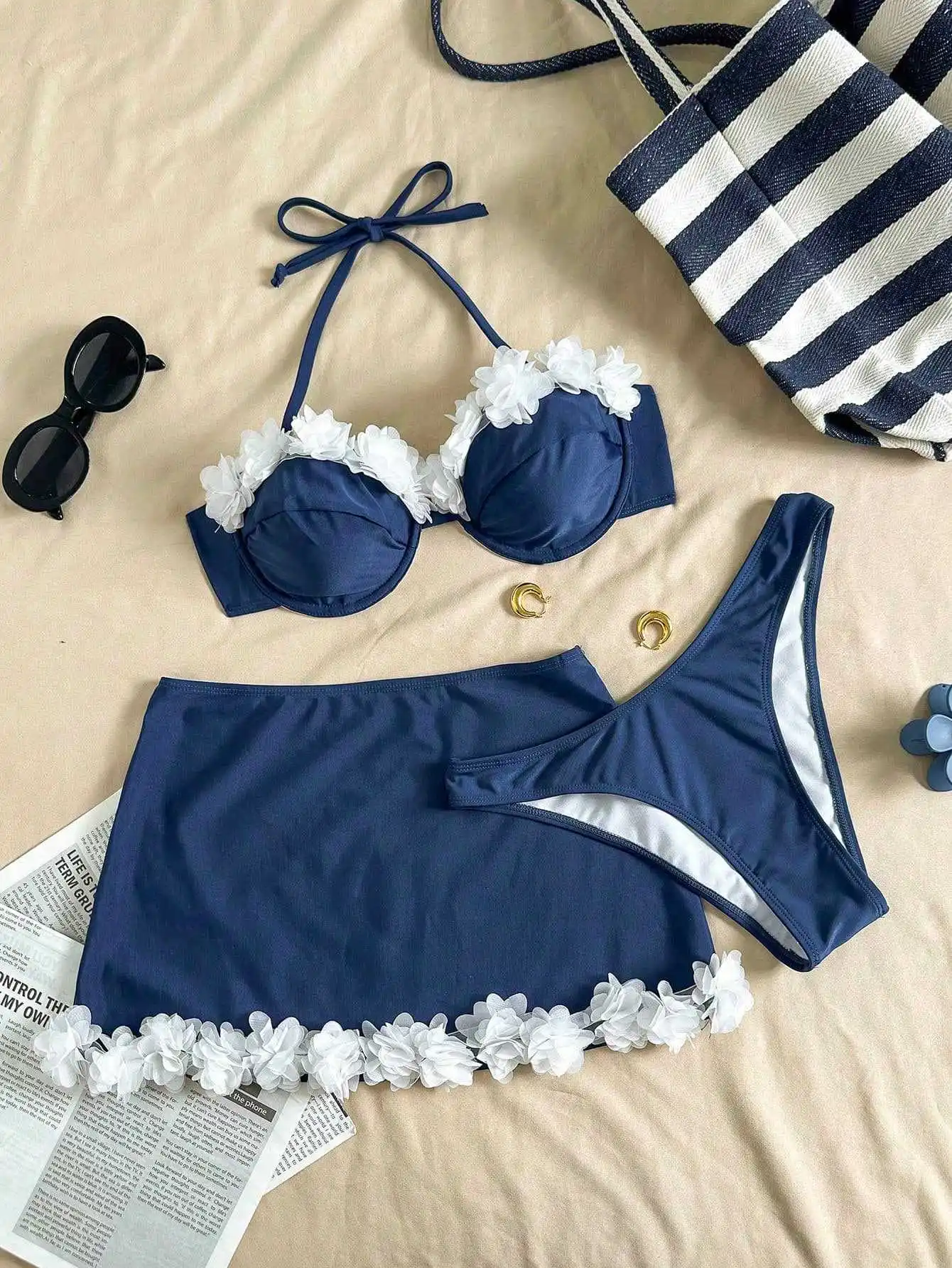sexy white flower dark blue push up bikinis sets 3pcs with mini skirt swimsuits bathing suit beach outfits biquini tankini