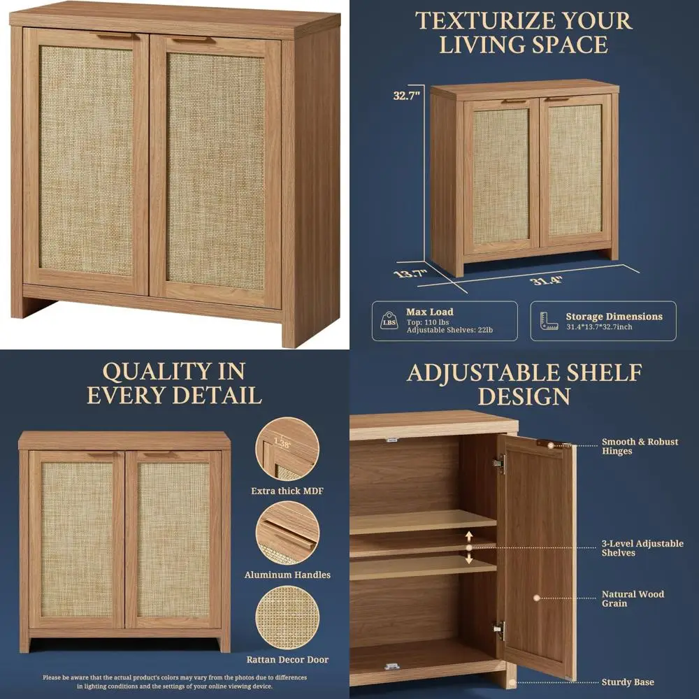 Шкаф-буфет с регулируемой полкой и дверью из ротанга, кухонный буфет, консоль для хранения в гостиной