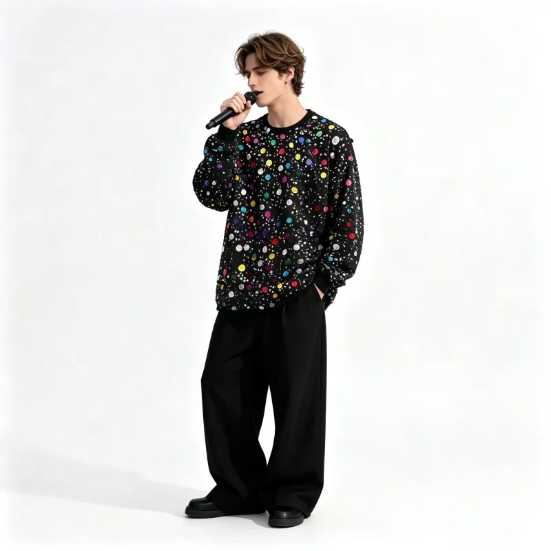 Men's Long Sleeve Colorful Sequin T-Shirt Loose Casual Pullover Jazz Dance Team Hip Hop Stage Performance Glitter Tee Shirt