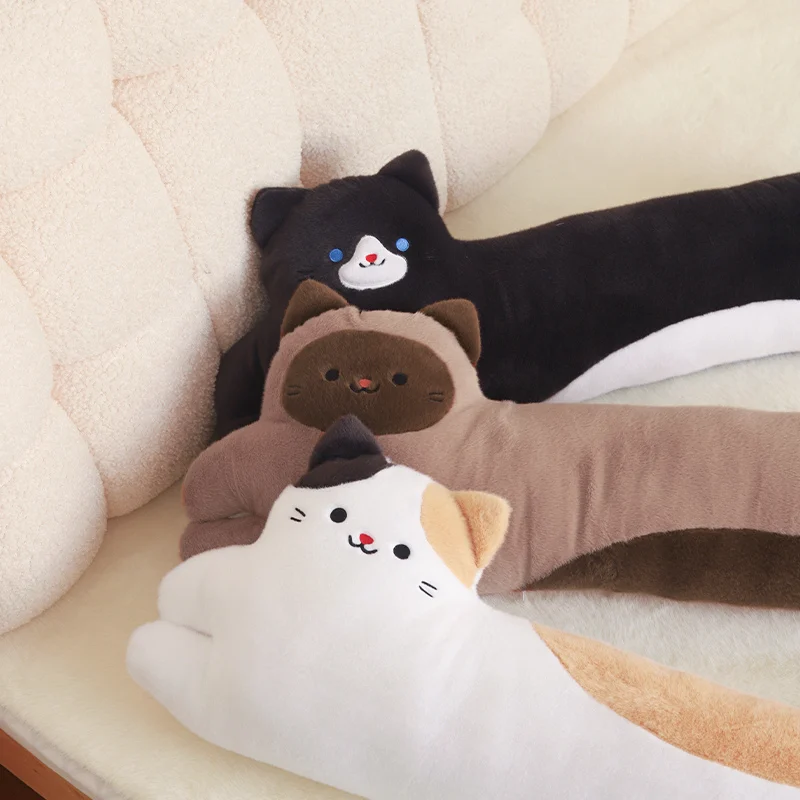 Long Cat Body Pillow Soft Plush Kitten Stuffed Toy Tricolor Siamese Black Cat Plushies Sofa Bed Sleeping Hug Pillow Home Decor