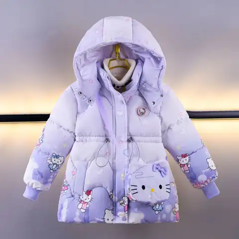 Anime Hello Kitty Baby Girl Outerwear Winter Children Cartoon Printed Plush Thick Warm Princess Coat Zipper Hooded Parka+Bag