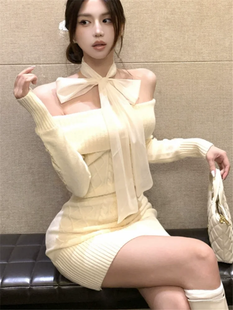 Korean Chic Fashion Bow Scarf Knit Dress Women Sexy Slash Neck Slim Mini Dress Long Sleeve Off Shoulder Bottoming Sweater Dress