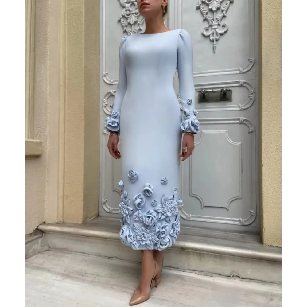

Light Blue Evening Dresses Ankle Length Long Sleeves O-Neck Evening Gowns Jersey Flowers Elegant Midi Party Dress Customized