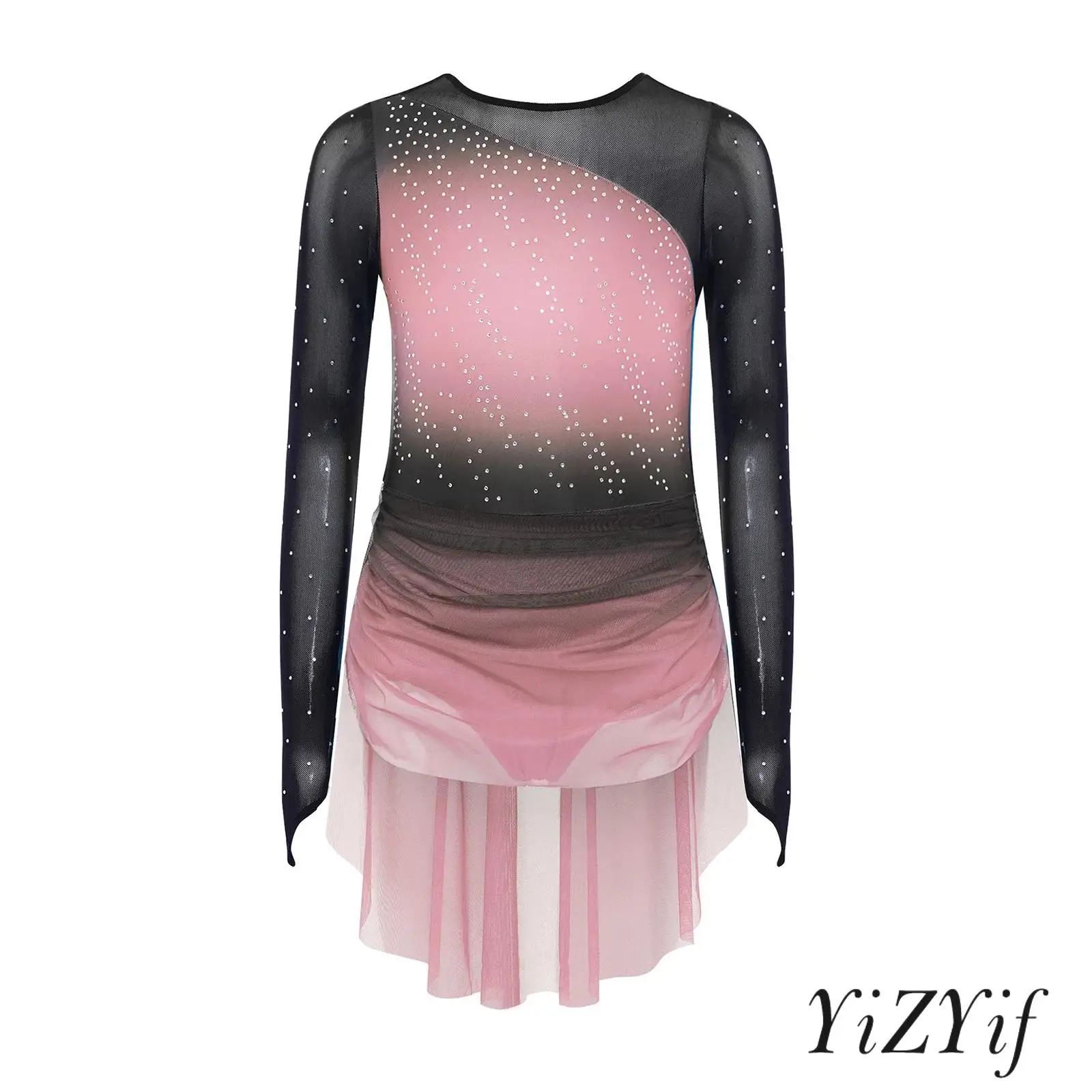 Robe de danse lyrique radieuse pour filles avec maille transparente et design de couleur dégradée, parfaite pour les spectacles de patinage artistique de ballet
