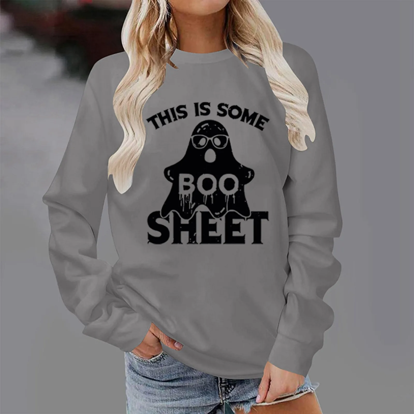 

Halloween Specter Printing Fashion Hoodies Leisure Long Sleeved Crew Neck Pullover Cute Long Sleeve Loose Sweatershirt Women