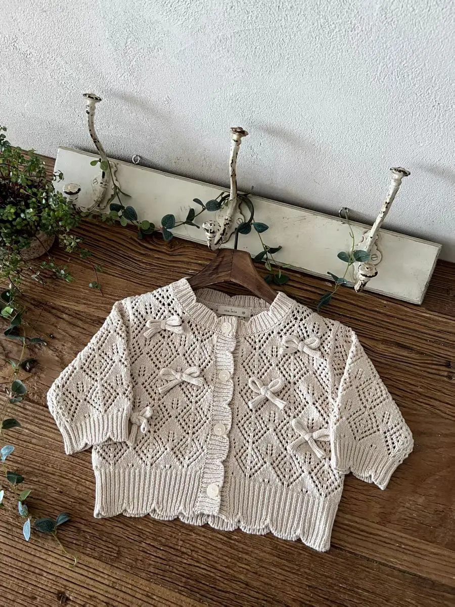 Baby Clothes Sweater Hollow Knit Coat Bow Lace Long Sleeve Round Neck 2024 Spring and Autumn Simple Sweet Casual Kids Cardigan