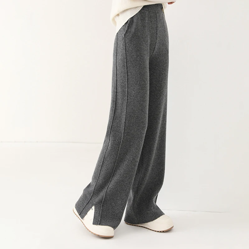 Women Wide Leg Pants Leg Split 100% Wool Knitting Pant Autumn Winter Solid Color Soft Warm Trousers for female YP01