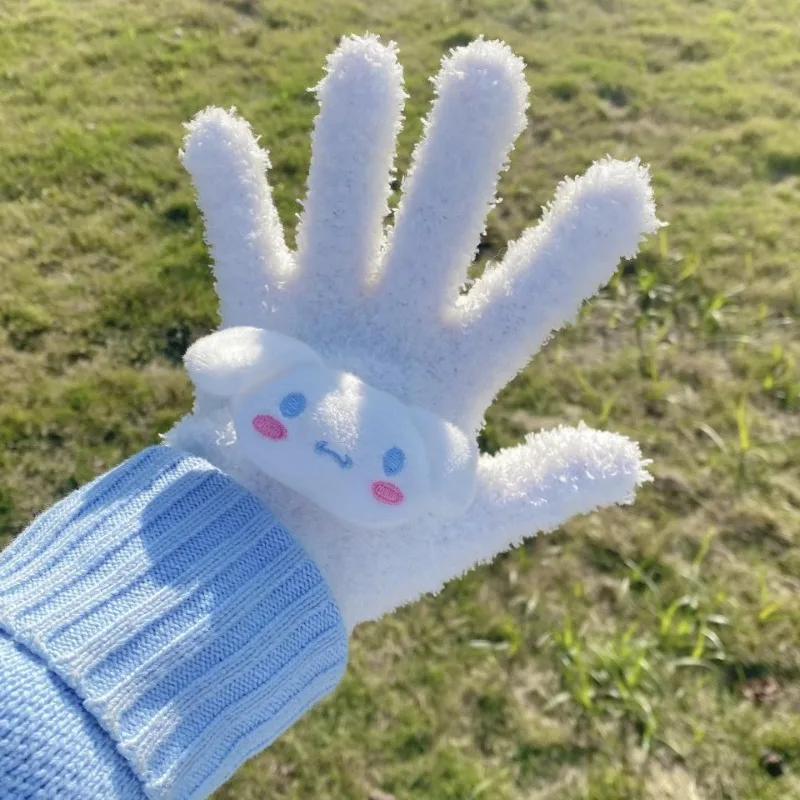 Women Cinnamoroll Anime Cashmere Knitted Gloves Kawaii Cartoon Hello Kitty Kuromi Doll Warm Plush Thick Wistiti Mitten Gifts Toy