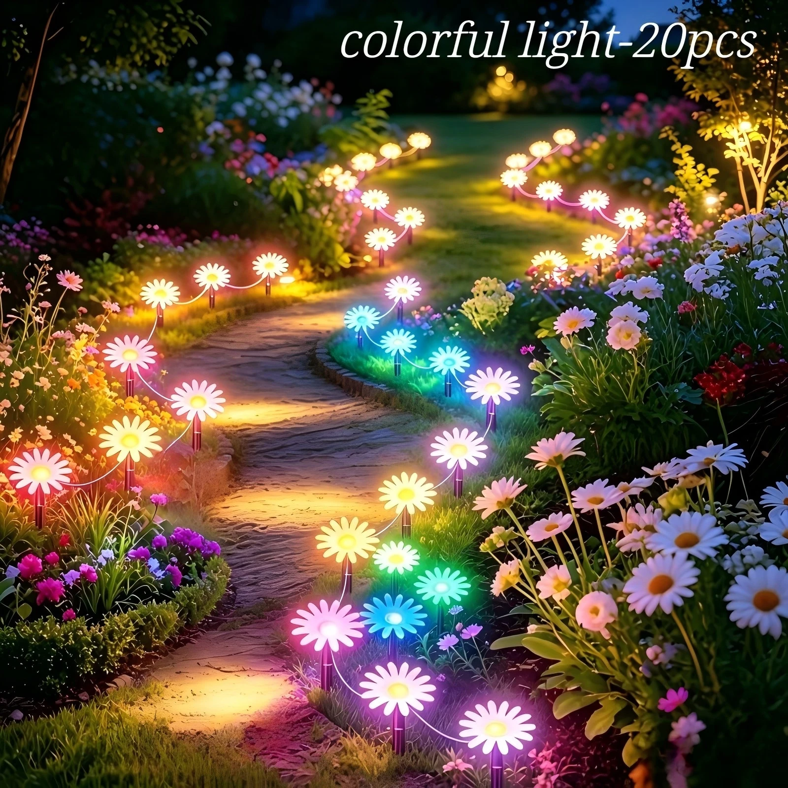 Solar Powered Daisy LED Stake Lights, Flower Pathway Ground Lights for Outdoor Garden Lawn Path Yard Decoration