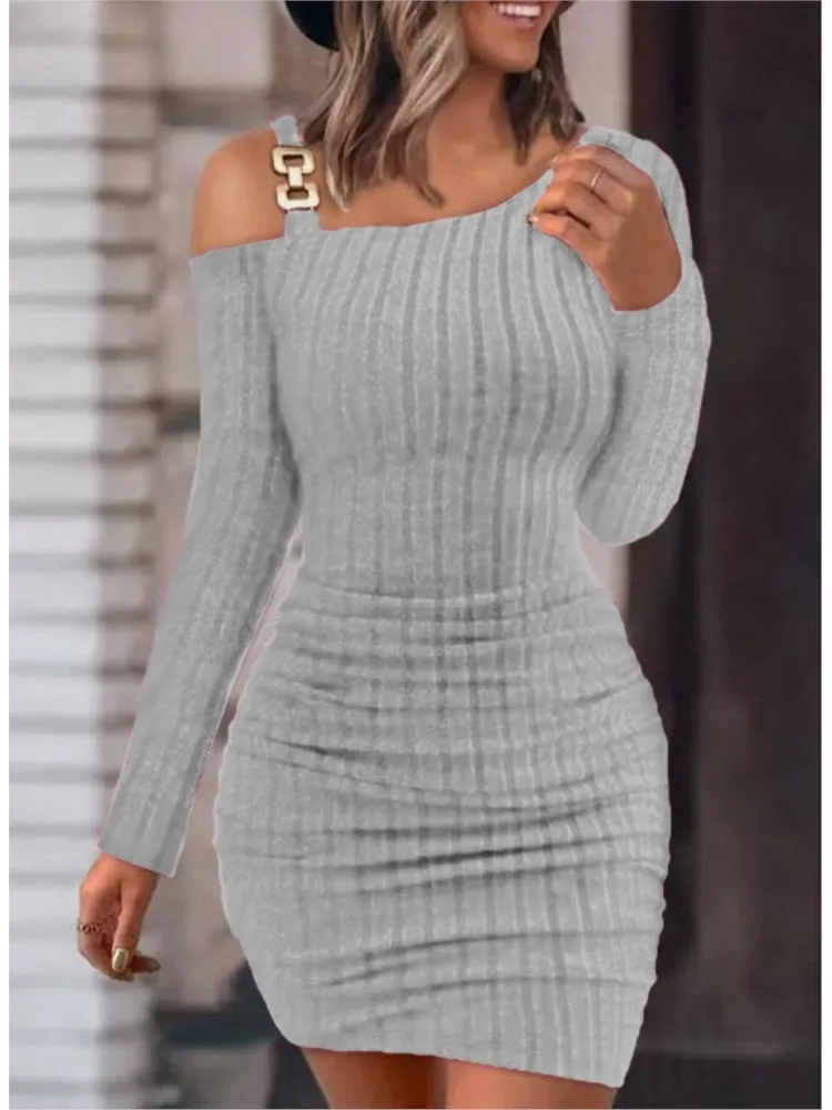 Frauen sexy Kette aus der Schulter Mini kleid Herbst Mode Bodycon Langarm Kleider für Frauen Winter dünn gestrickte Vestidaos