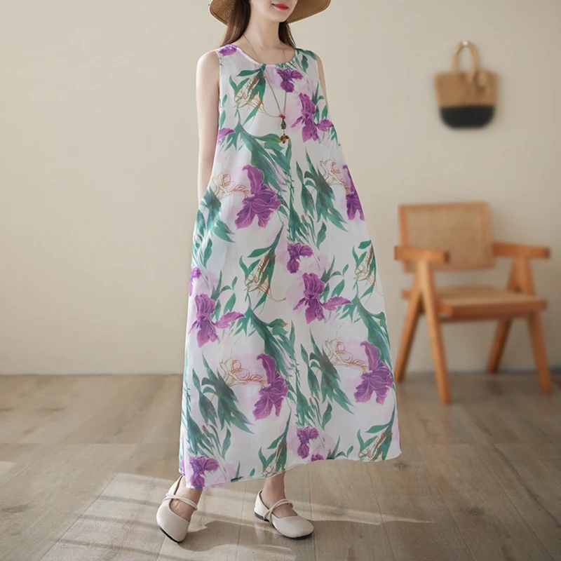 ฤดูร้อนดอกไม้ผ้าฝ้ายและผ้าลินินชุดเสื้อกั๊กผู้หญิงลําลองหลวมแขนกุดวันหยุด Boho Beach ชุดยาว Maxi Robe