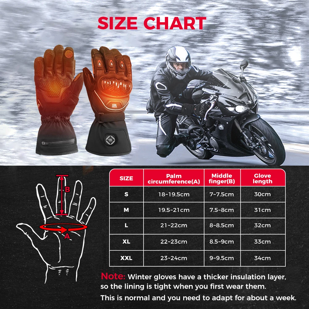 KEMIMOTO 가죽 가열 오토바이 장갑 겨울 방수 터치 스크린 모토 스키 캠핑 가열 장갑 배터리 오토바이