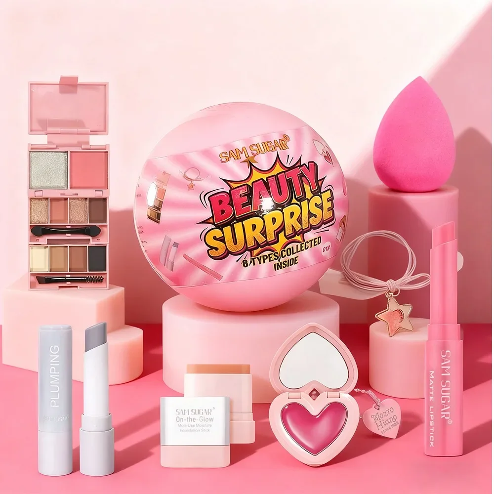 7個入りクリスマスミニメイクアップセット - 口紅、コンシーラー、チーク、パフ、5in1パレット、クリエイティブなボール型パッケージ、初心者向け、ホリデー用