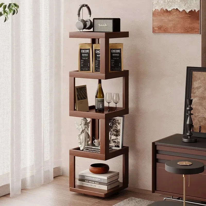Rotating bookshelf 360-degree bookcase Floor shelf integrated againstthe wallCorner living room Simple solid wood narrow cabinet
