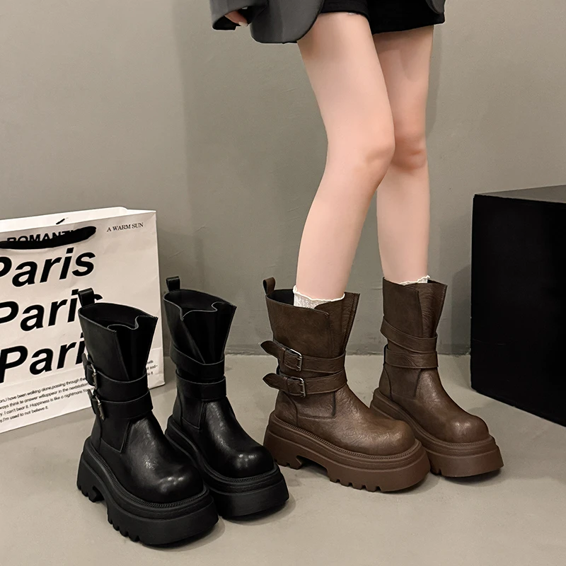 

Модные и высококачественные женские сапоги до середины икры на среднем каблуке, дизайнерские элегантные зимние модные высокие сапоги с пряжкой 2025 года