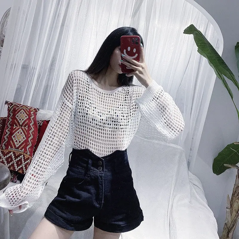 Moda O-Collo lavorato a maglia tinta unita scava fuori camicette abbigliamento femminile 2025 primavera estate nuove magliette coreane allentate camicie casual